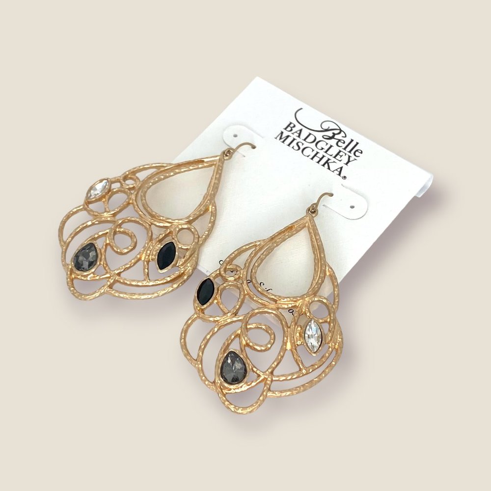 NEW Badgley Mischka Gold Textured Wire Hoop Statement Earrings with Rhinestones